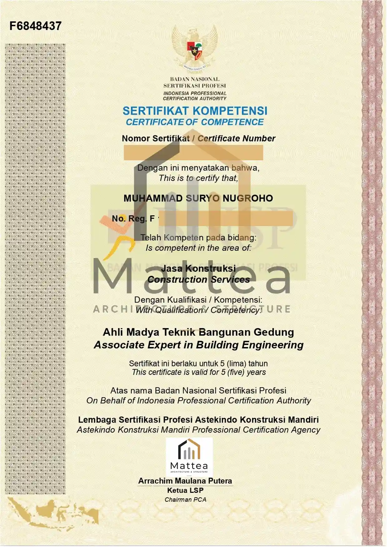 Sertifikat 1 Ahli Madya Teknik Gedung Suryono ST